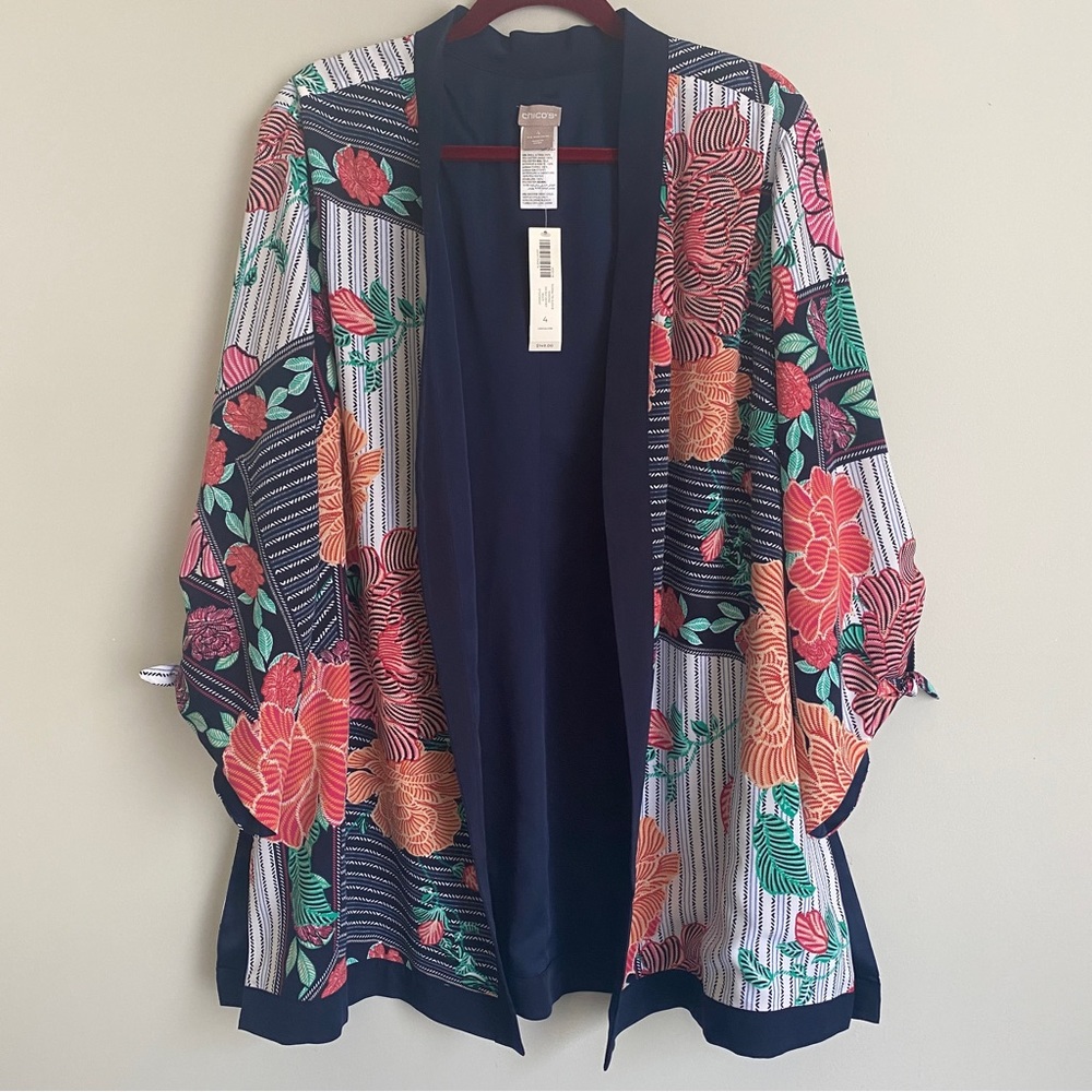 Chico's Fun Spring Mixed Print Floral and Striped Tie-Sleeve Longline Kimono NWT